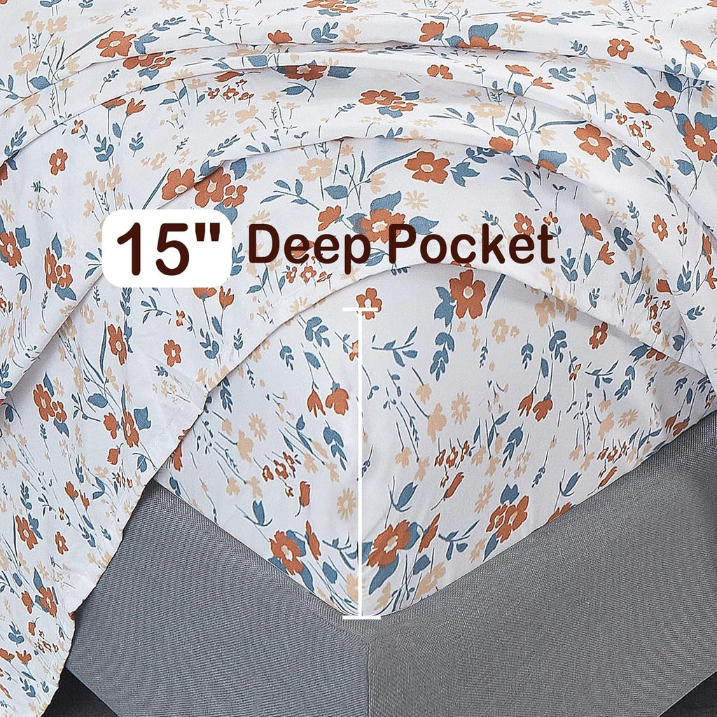Floral Queen Sheet Set Orange Flower Printed Bed Sheets - 4 Piece Soft Microfiber Patterned Fitted Sheets with 15"