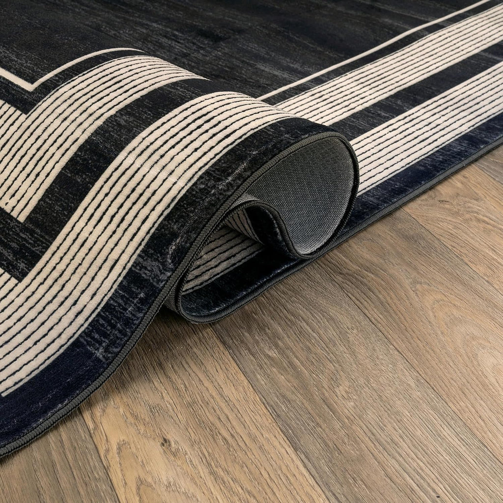 Striped Border Machine Washable Non-Slip Runner Rug, Black