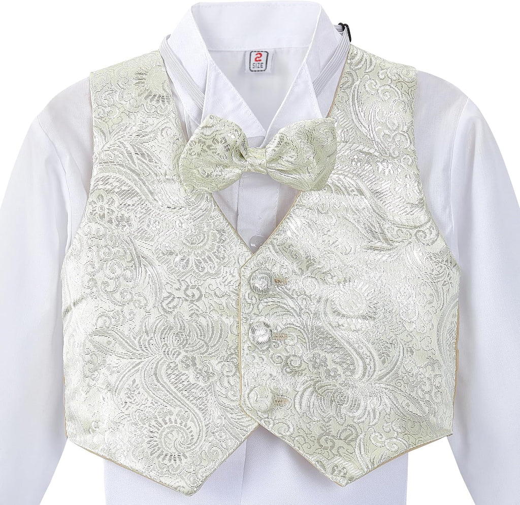 Baby Boy Classic Tuxedo Suit 5 Pcs Set Formal Dress Wear Wedding Outfit with Gold Jacquard Vest, Black/White
