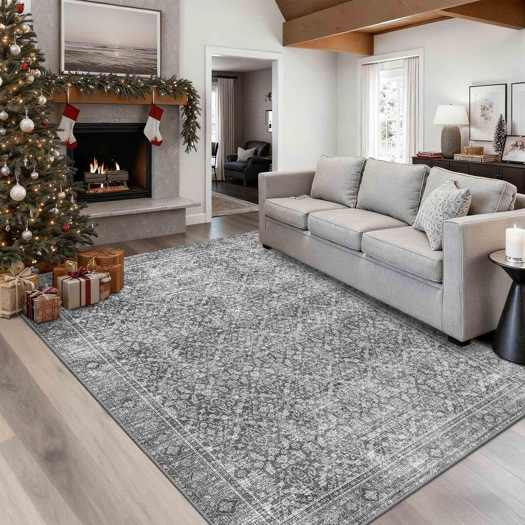 5x7 Area Rugs for Living Room Bedroom, Vintage Grey Washable Rug, Boho Floral Non Slip Low Pile Carpet for Indoor