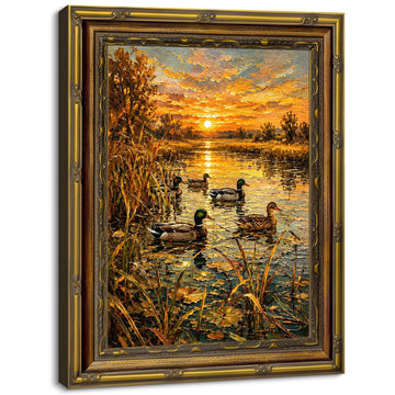 Vintage Duck Framed Wall Art Sunset Lake Decor 24x16 Inch