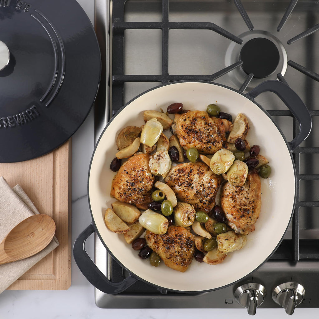 Gatwick Enameled Cast Iron Braiser with Lid, 3.5-Quart Braiser Pan for Stovetop & Oven, Cast Iron Braising Pan, Grey