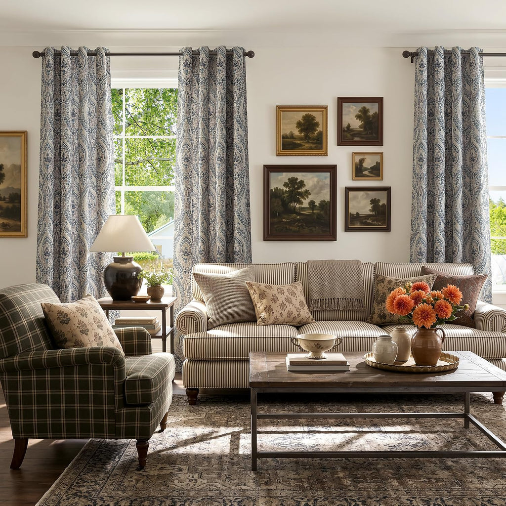 Curtains for Living Room Darkening 96 Inches Long, Medallion Drapes, Damask Pattern Window Treatments Vintage Curtain