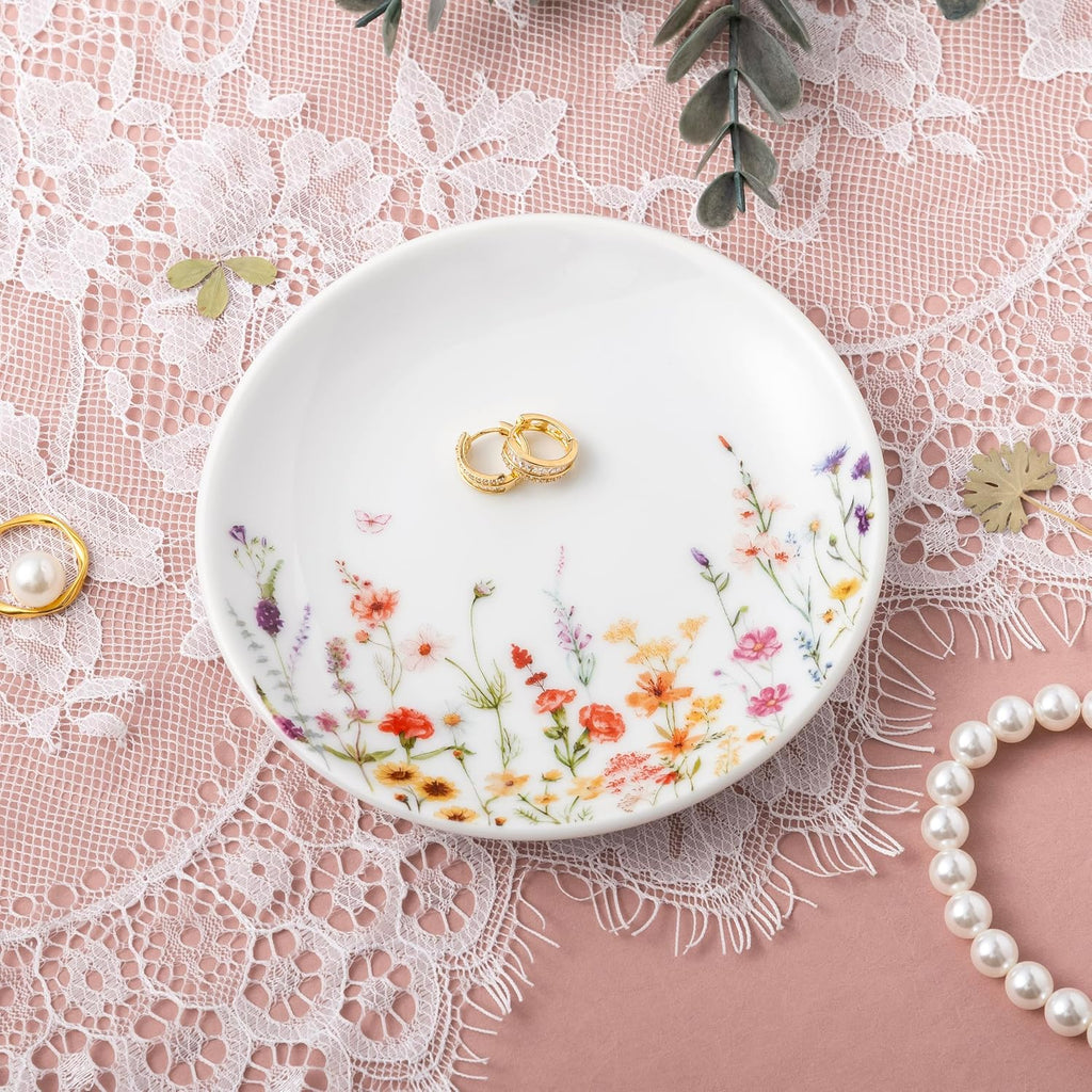 Flower Trinket Dish Jewelry Tray & Gift Box, Ceramic Ring Dish for Rings Earrings Necklaces Keys, Bridal Shower