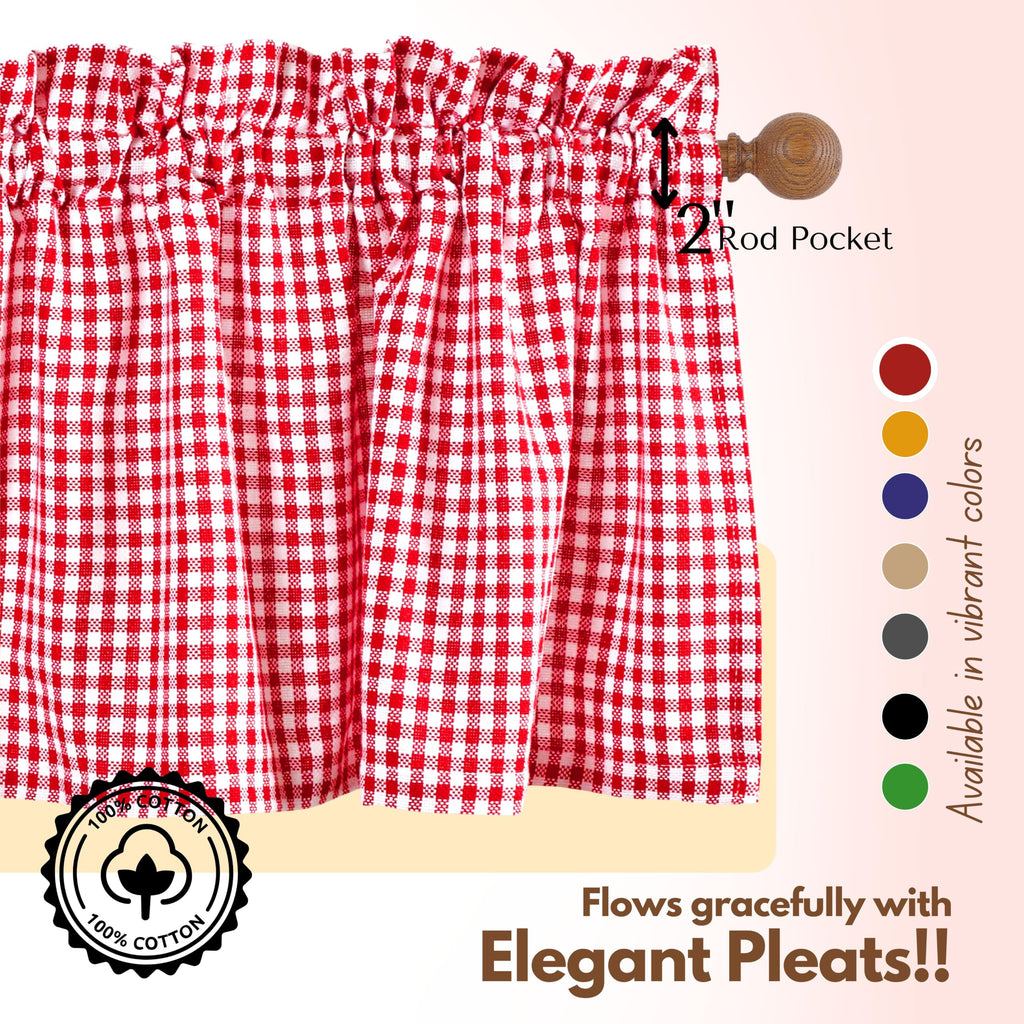 Gingham Check 2 Pack Kitchen Valance Set - Rod Pocket - Semi Sheer - Small Window Curtain, Bedroom, Living Room