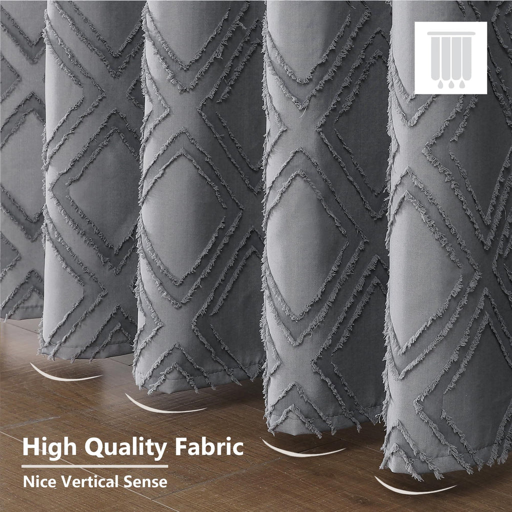 Extra Long 96 Inch Grey Shower Curtains, Boho Fabric Shower Curtain Grommet Top With 12 Hooks, Elegant Modern