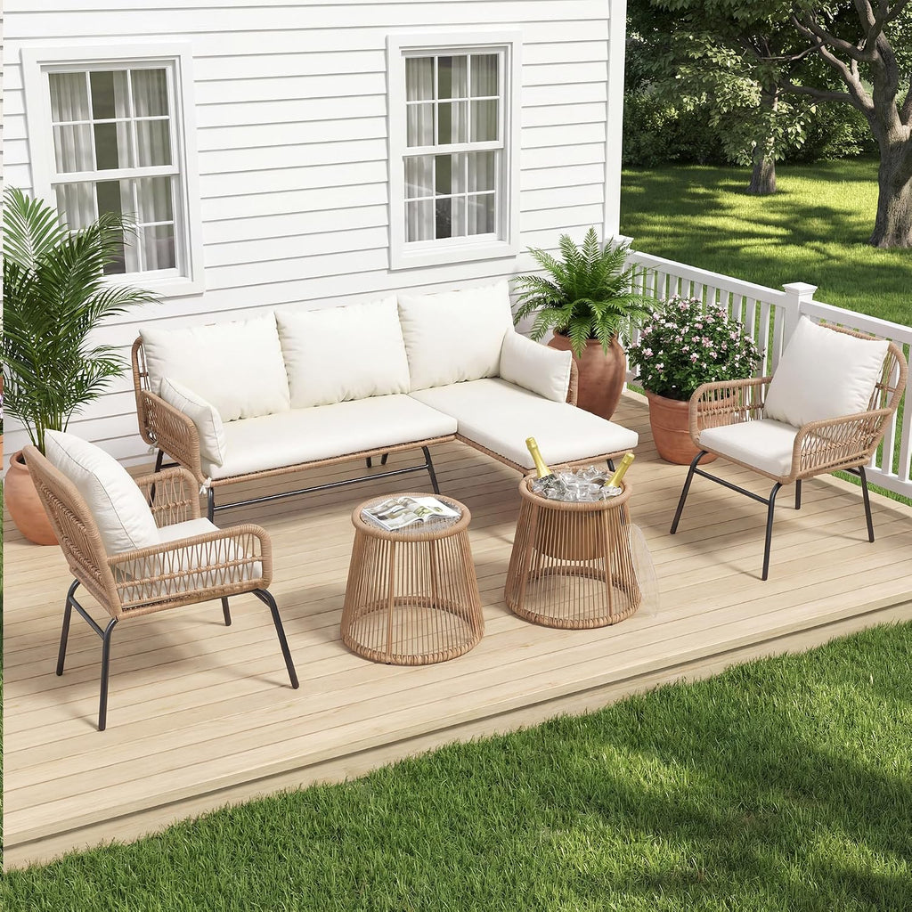 6-Piece Boho Outdoor Patio Furniture Set, L-Shaped Wicker Sectional Sofa with Ice Bucket Table & High Back, Sturdy