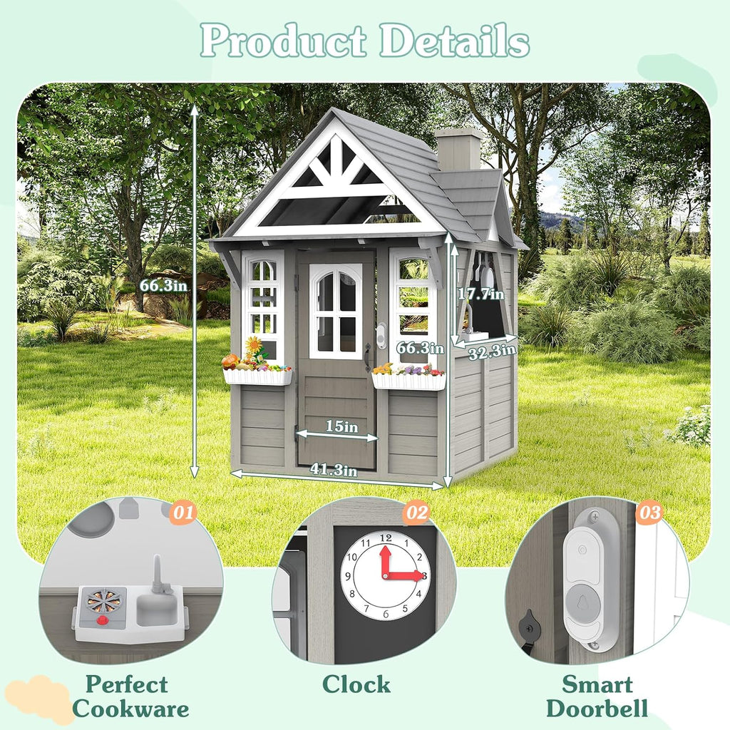 Kids Outdoor Cedar Playhouse, Weather-Resistant Gray Wooden Play House for Ages 3-8 with Play Kitchen, Working