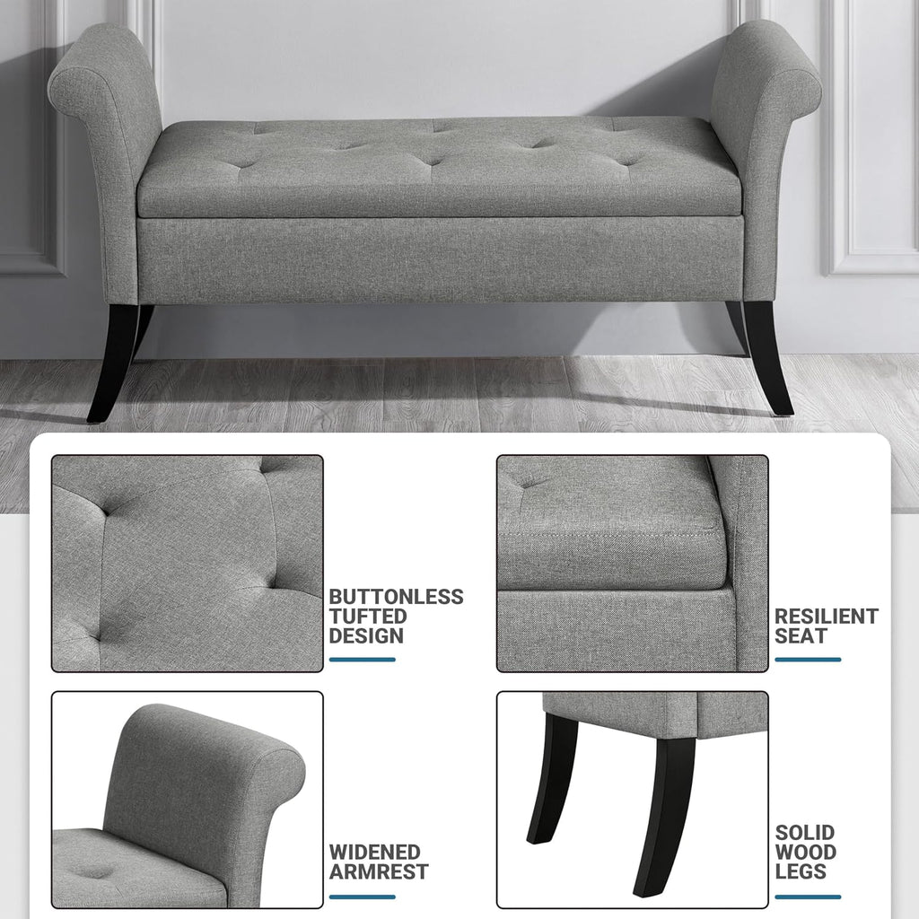 52in Rolled Arm Storage Ottoman Bench , Light Gray | Button-Tufted Bench Seat with 1.9C Storage Space, Rolled Arms