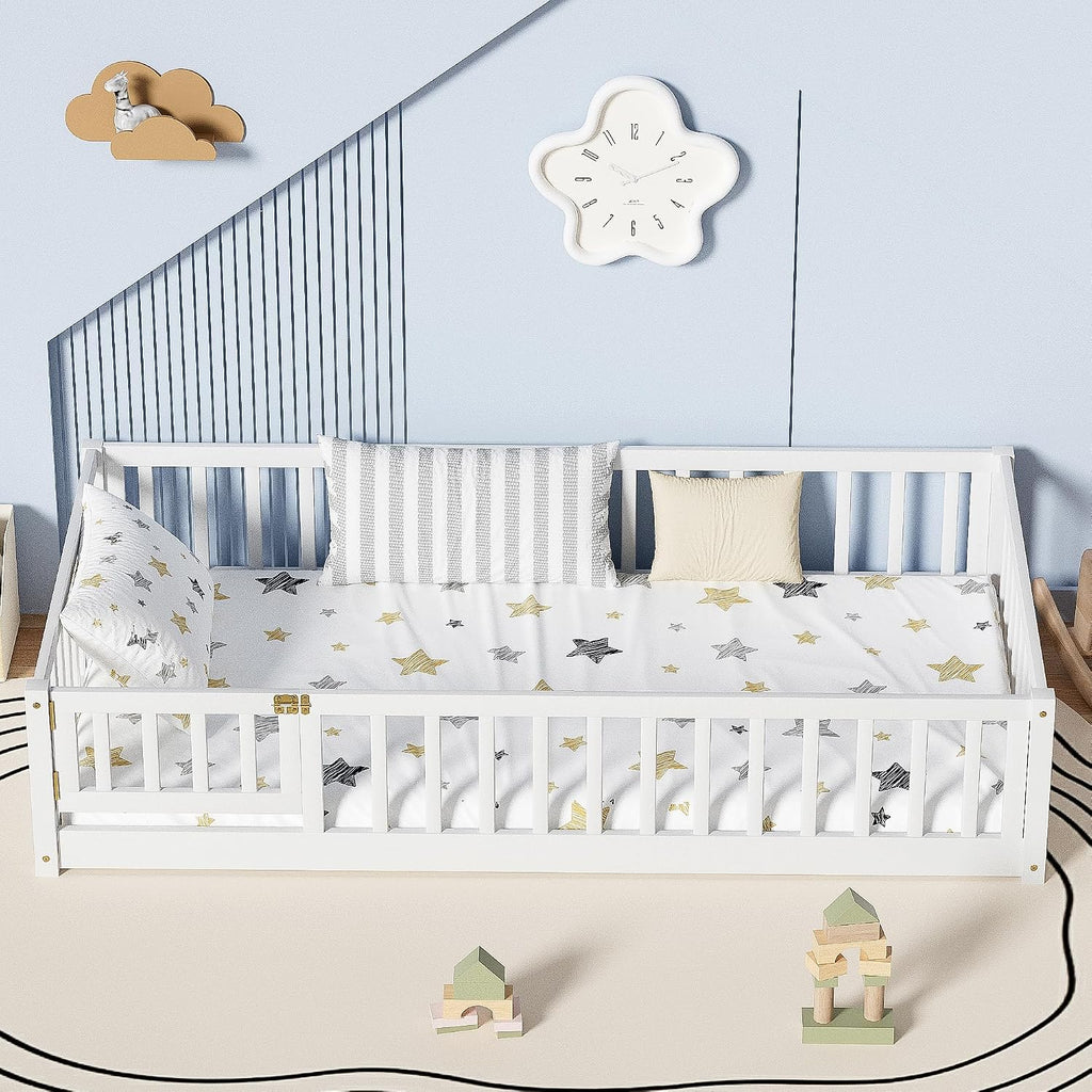 Floor Bed for Children, Sturdy Wood Montessori Bed Frame with Wood Slats, High Fence & Small Door, Montessori