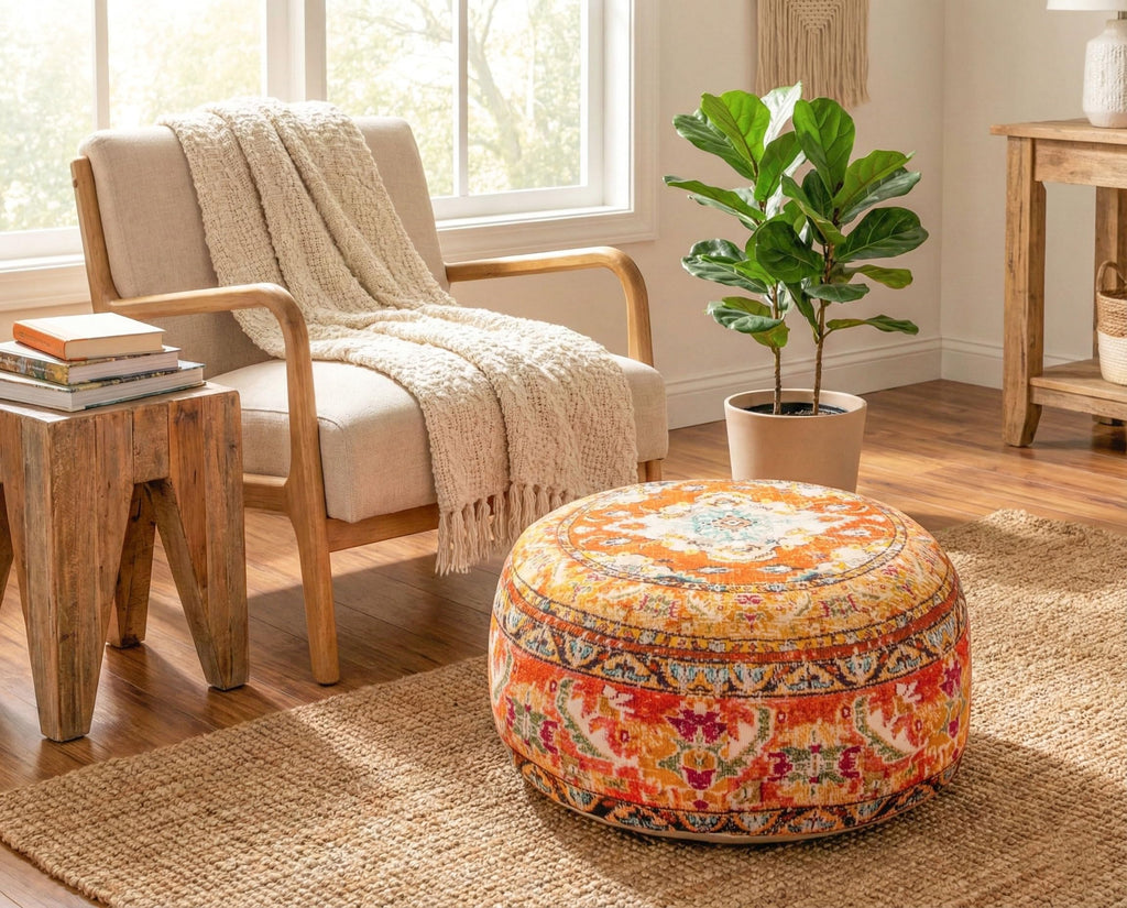 Colorful Pouf Cover Orange Round Orange Floor Pillow Seating Area Stool Boho Room Décor Accent Furniture Cotton 24x8