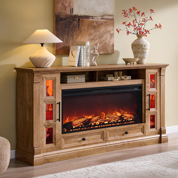 70" Farmhouse TV Stand with 42" Electric Fireplace, Light Knotty Oak