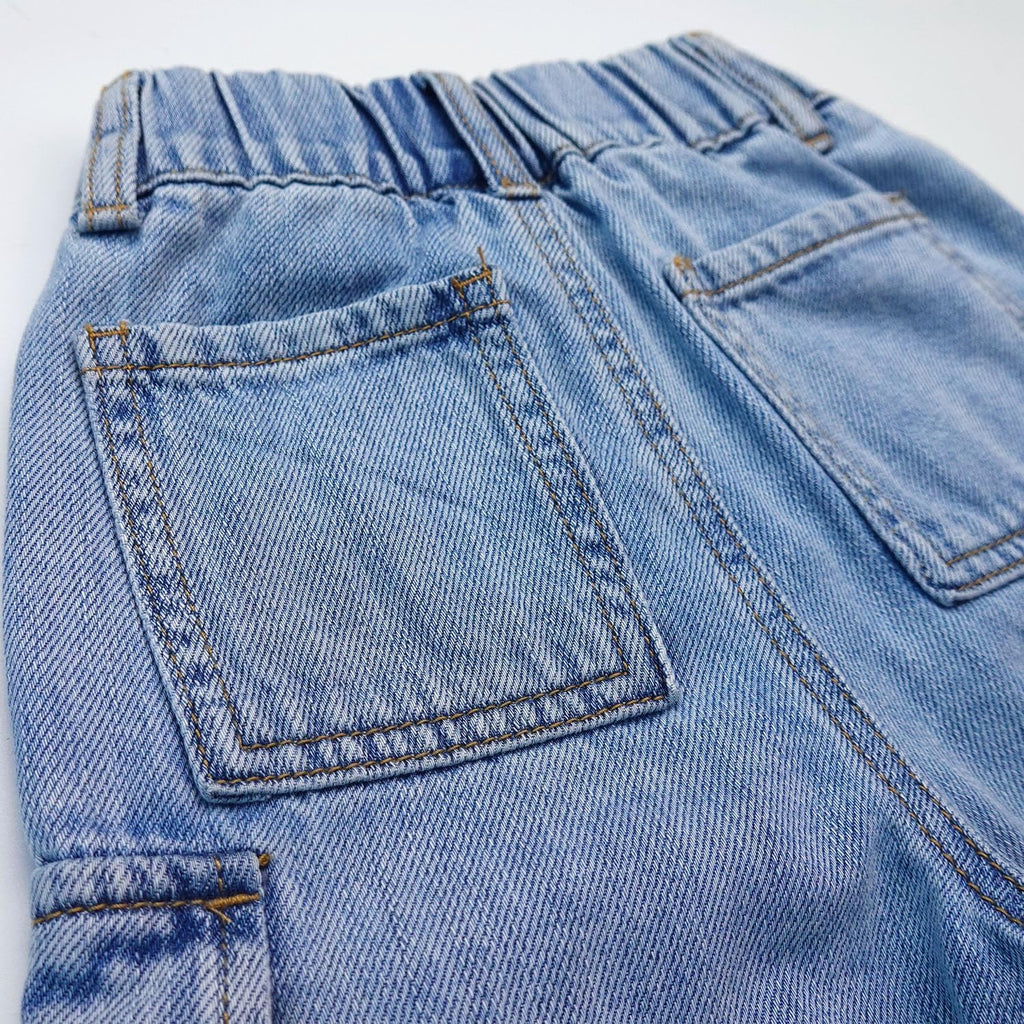 Boys Girls Cargo Denim Jeans Shorts Ribbed Elastic Half Pants