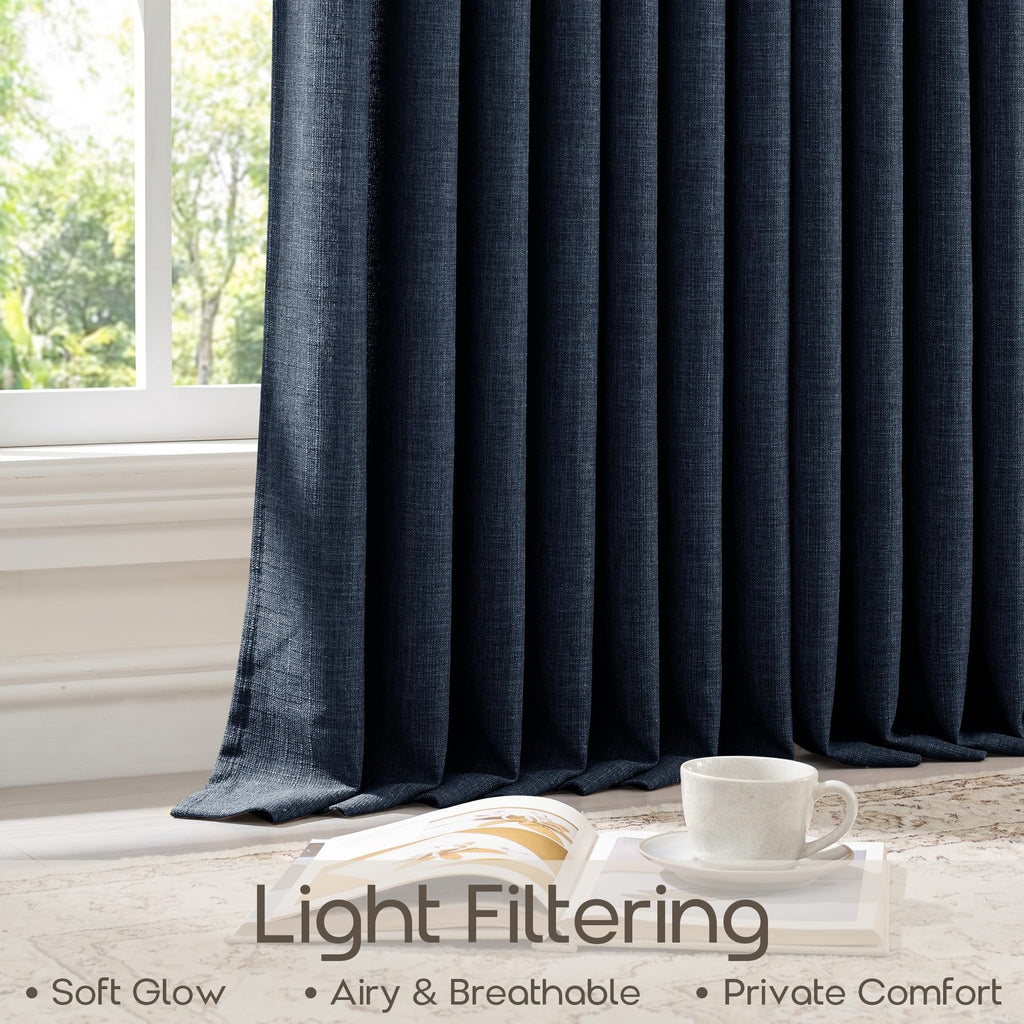 120 Inch Dark Blue Pinch Pleat Linen Blend Light Filtering Curtains 2 Panel