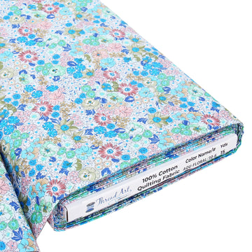 Spring Picnic Aqua Floral Cotton Quilting Fabric - 10 Yard Cut