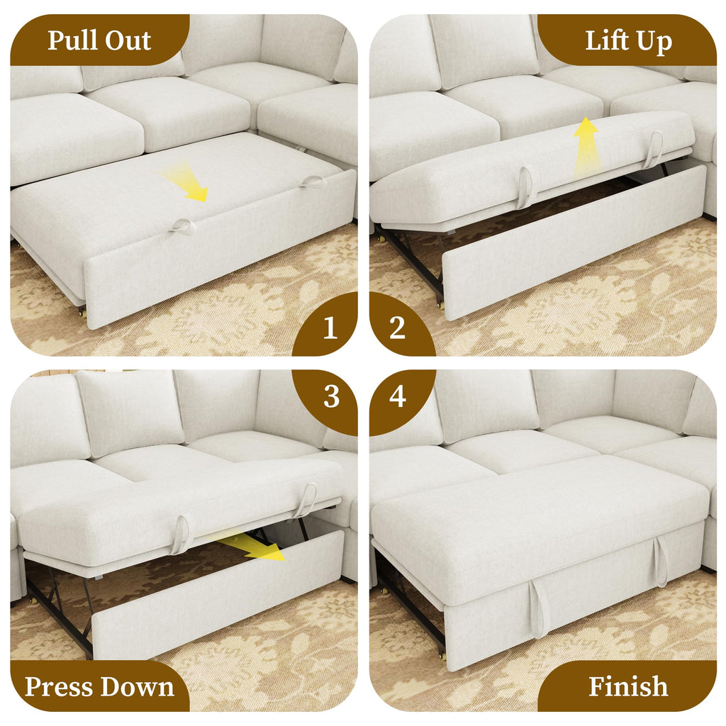 106.7" U-Shaped Modular Sectional Sofa with Pull-Out Bed & Storage, Modern 7-Seat Convertible Couch, Comfy L-Shape