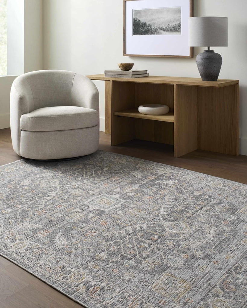 Flavia Machine Washable Area Rug - Medallion Floral Border Distressed Geometric - Traditional Oriental Transitional