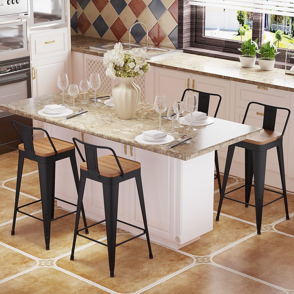 Bar Stools Set of 4 Metal Bar Stool Counter Height Bar Stools Black, Modern 24" Bar Chairs with Back and Wooden Seat
