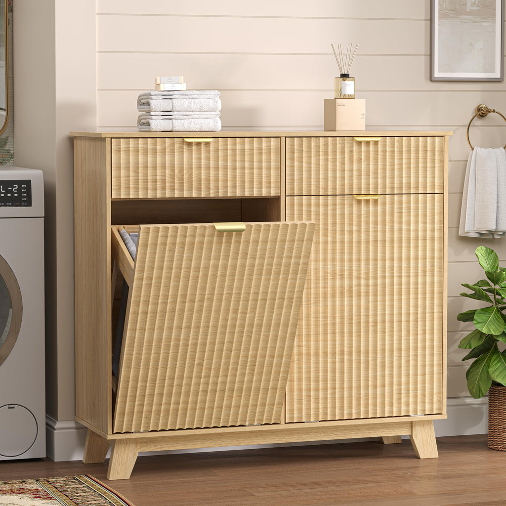 Double Tilt Out Laundry Hamper Cabinet with 2 Drawers & Baskets, 20 Gallon Fluted Hidden Trash Can Cabinet, Farmhouse
