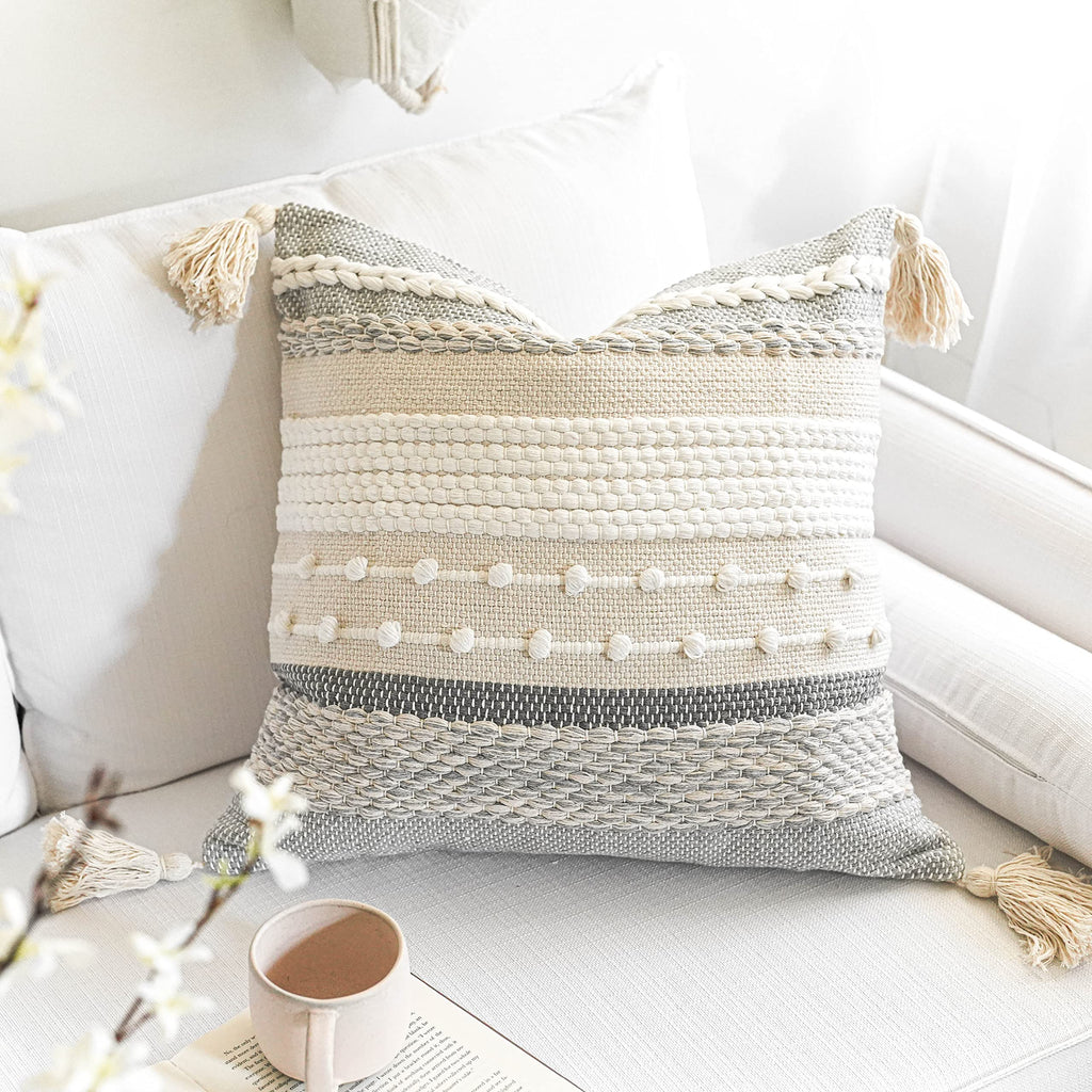 Gray Boho Throw Pillow Cover 22x22, Grey Decorative Accent Pillow for Couch, Square Woven Textured Pillowcase, Modern