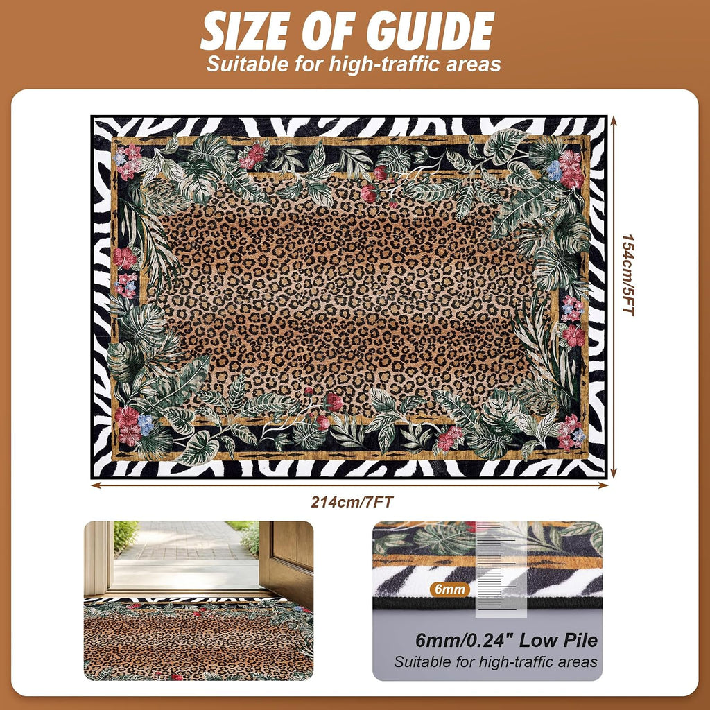 Leopard Area Rugs, Washable Cheetah Rug with Zebra-Striped Border, Non-Slip Low Pile Animal Print Carpet