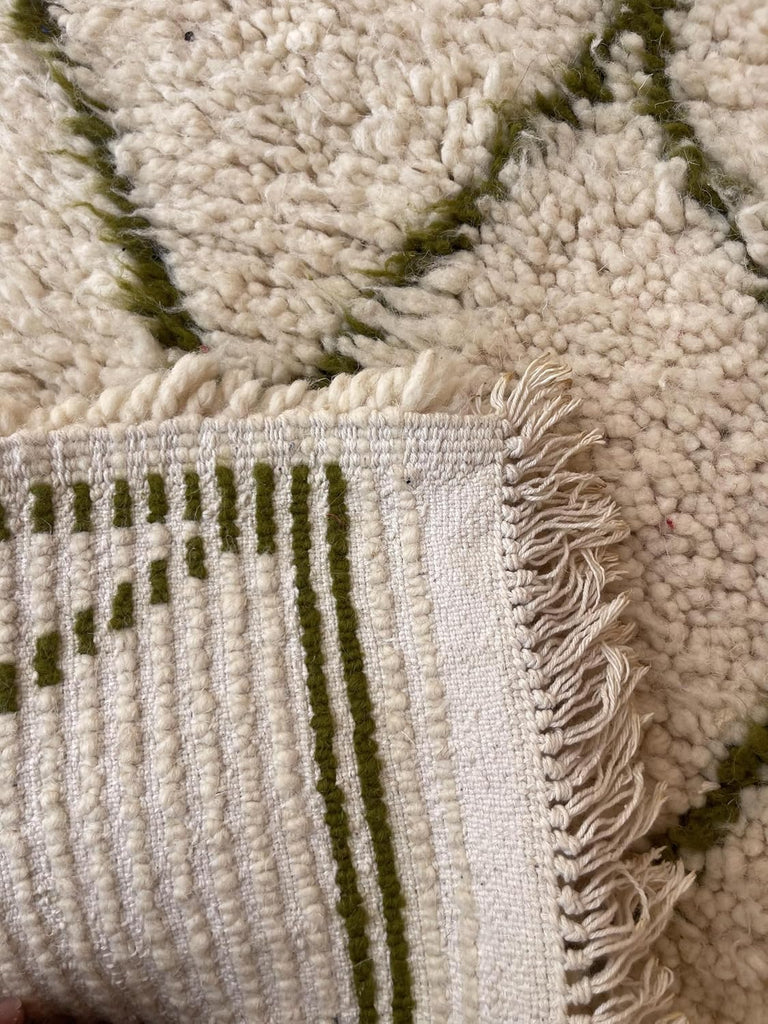 Handmade Moroccan Berber Area Rug 5' x 7', 100% Wool High Pile Shag, Beni Ourain Style, Ivory/Cream with Green