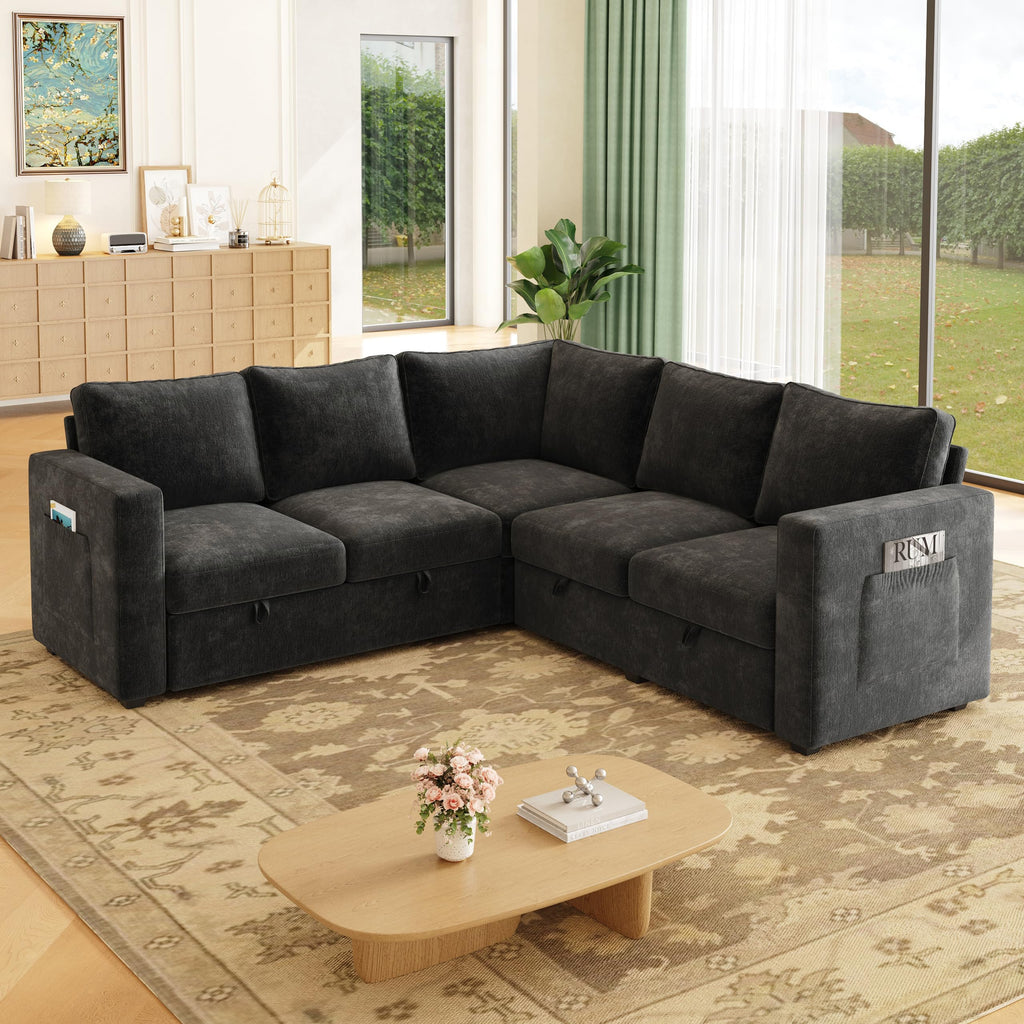 Sectional Sleeper Sofa, Pull Out Couch with Storage, Charcoal Gray, 5 Seat