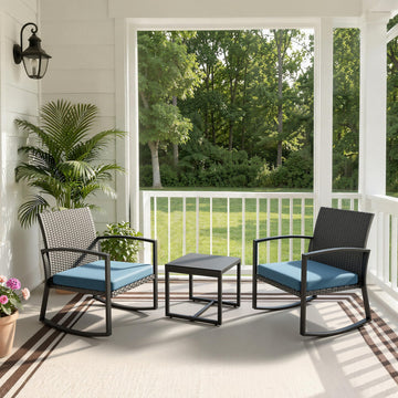 Rocking Patio Bistro Sets 3 Piece - All-Weather - Conversation Furniture Set, Wicker Rattan Outdoor Front Porch Chair