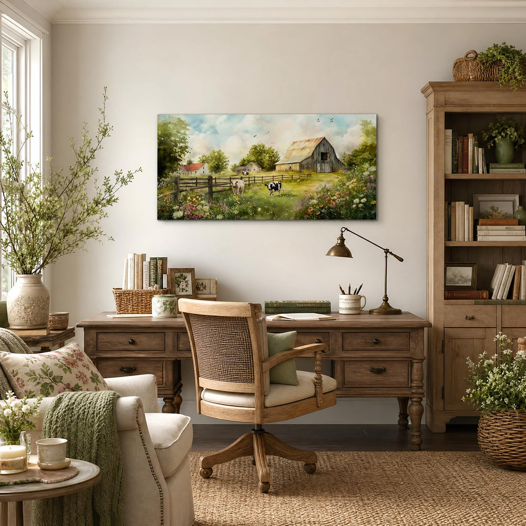 Rustic Farmhouse Barn Canvas Wall Art Vintage Wooden Barn with Cows Countryside Artwork Gallery Wrapped Canvas