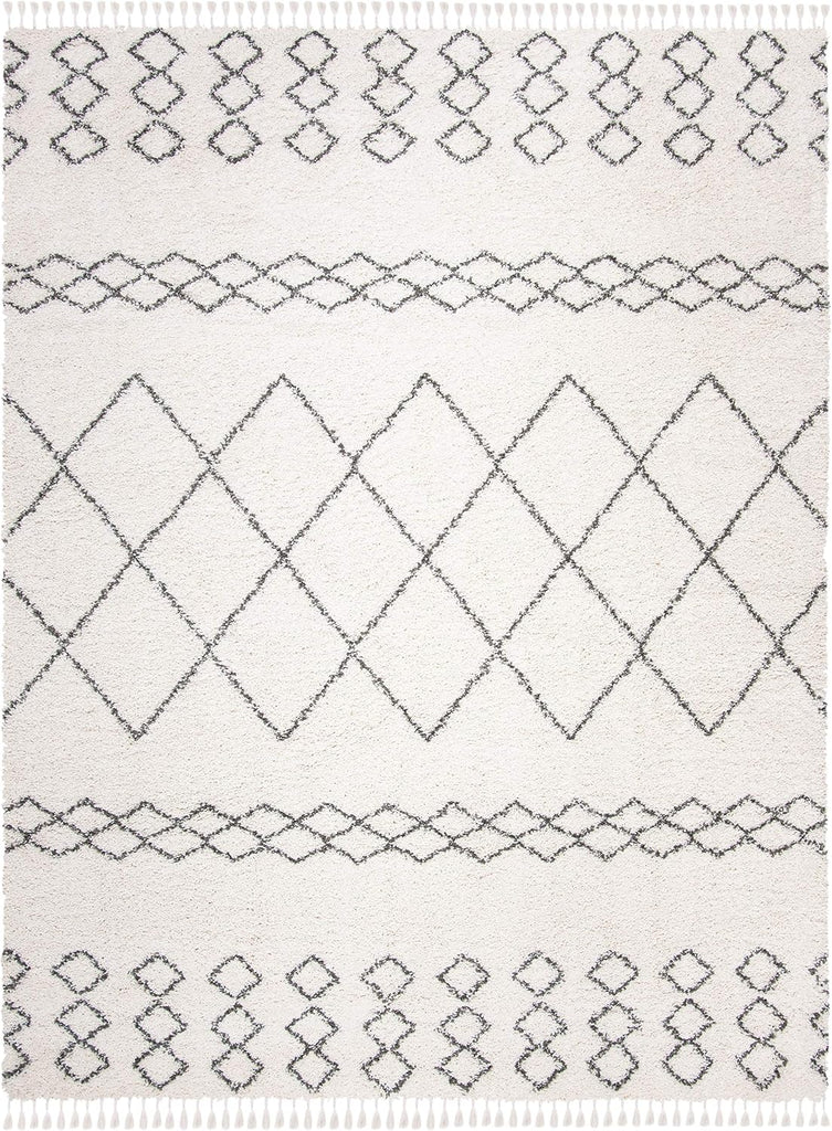 Area Rug - Moroccan Fringe Shag Collection - Large - Ivory & Grey, Boho Design, Non-Shedding & Easy Cleaning