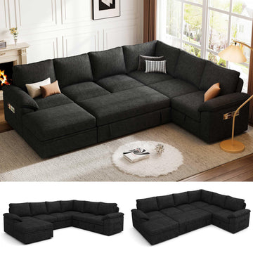 106'' Modular Sectional Sofa with Pull Out Bed, Sleeper Sofa, Black