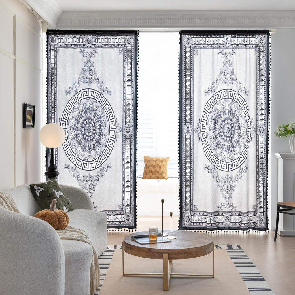 Black Medallion Curtains 63 Inches Long, Boho Farmhouse Light Filtering Rod Pocket Drapes with Tassel Trim Living