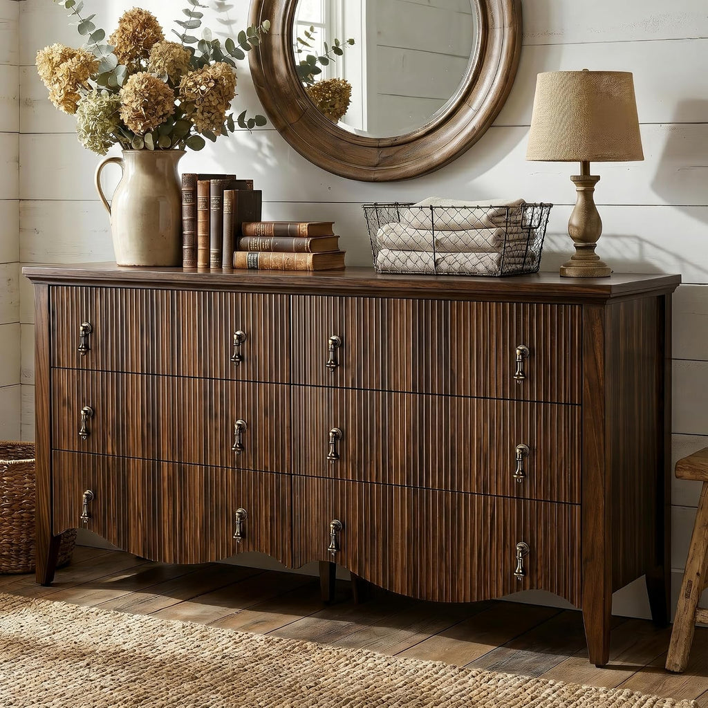 6-Drawer Fluted Dresser, Wide Double Chest of Drawers,Walnut | Fluted Design, Horizontal Chest of Drawers