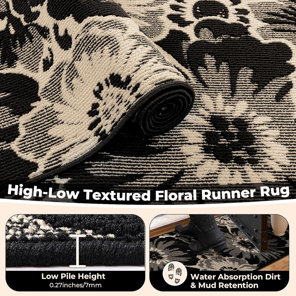 Hallway Runner Rug 2x10, Non Slip High-Low Textured Floral Washable Runner Rug with Rubber Backing, 