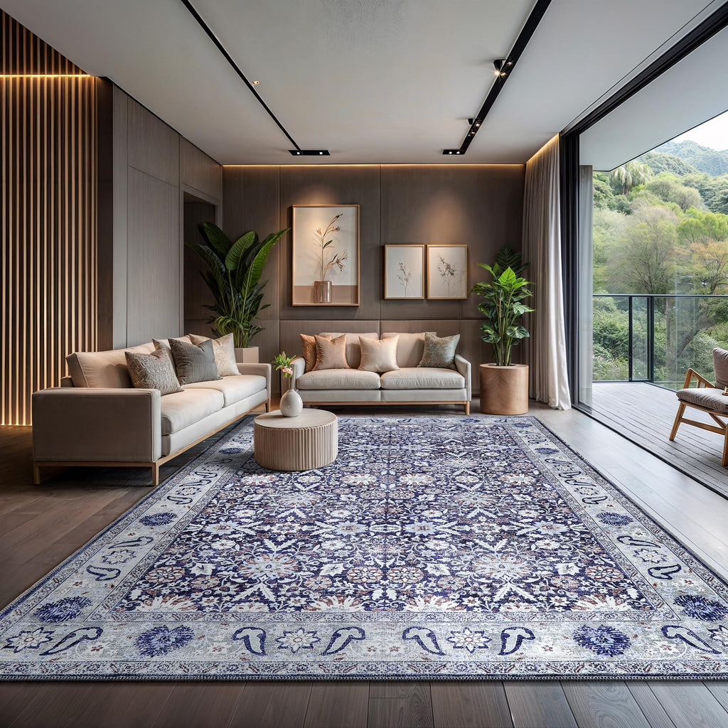 Machine Washable Area Rug Blue Thin Distressed Vintage Oriental Traditional Durable Easy to Clean Carpet Bedroom