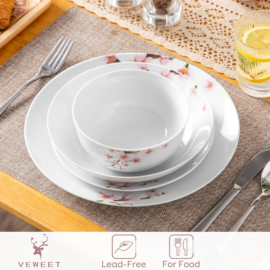 Dinnerware Sets for 6, 24 Pieces Porcelain Plates and Bowls Set with Pink Floral