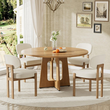 Modern 5-Piece Dining Table Set with 4 Chairs, Oak Round MDF Dining Table, Beige Fabric Upholstered Chairs with