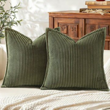 Corduroy Fall Throw Pillow Covers 18x18 Set of 2 Olive Green