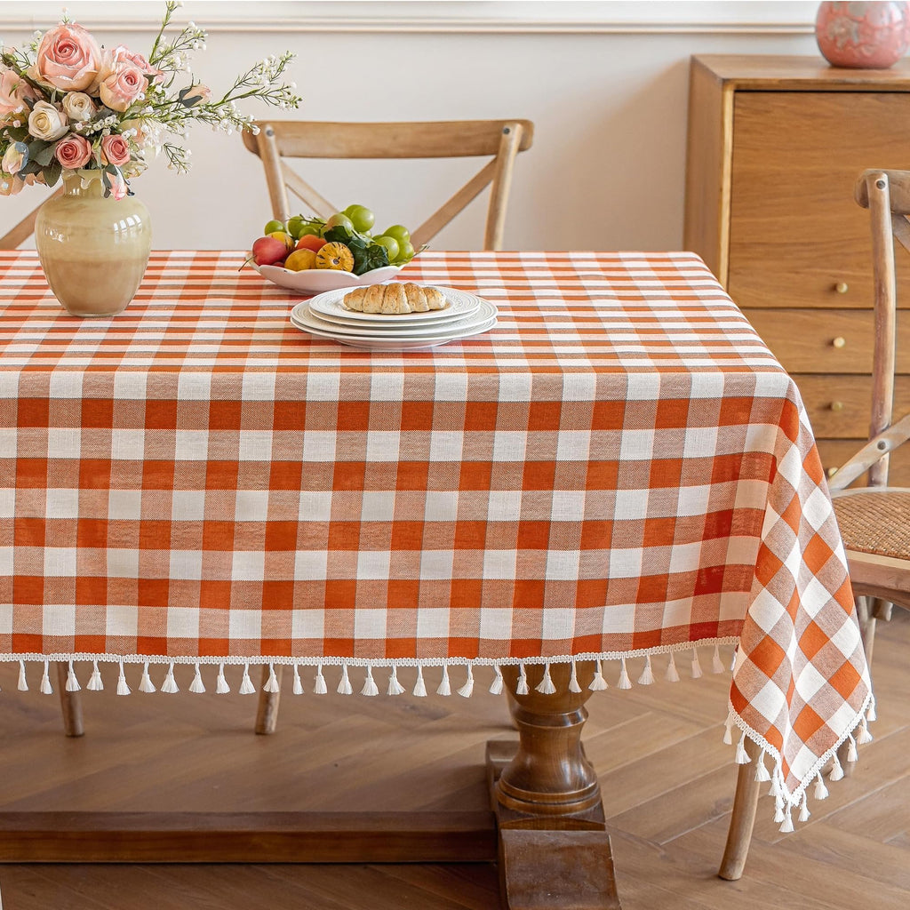 Checkered Tablecloth, Cotton Linen Gingham Fall Holiday Table Cloth for Rectangle Table with Tassel, Washable Heavy