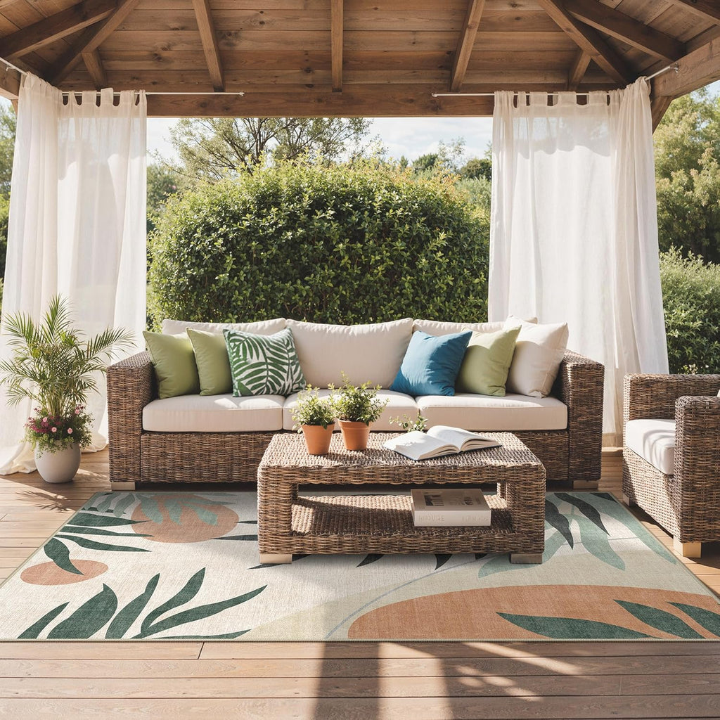 Outdoor & Indoor Area Rug 5'x8', Waterproof, Non-Shedding, Easy Cleaning, Leaf Mat for Patio, Living