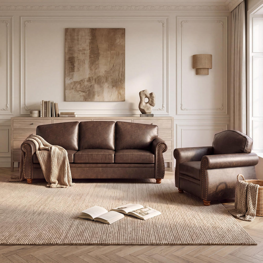 Traditional Faux Leather Couch Sofas, 91.3", Dark Brown