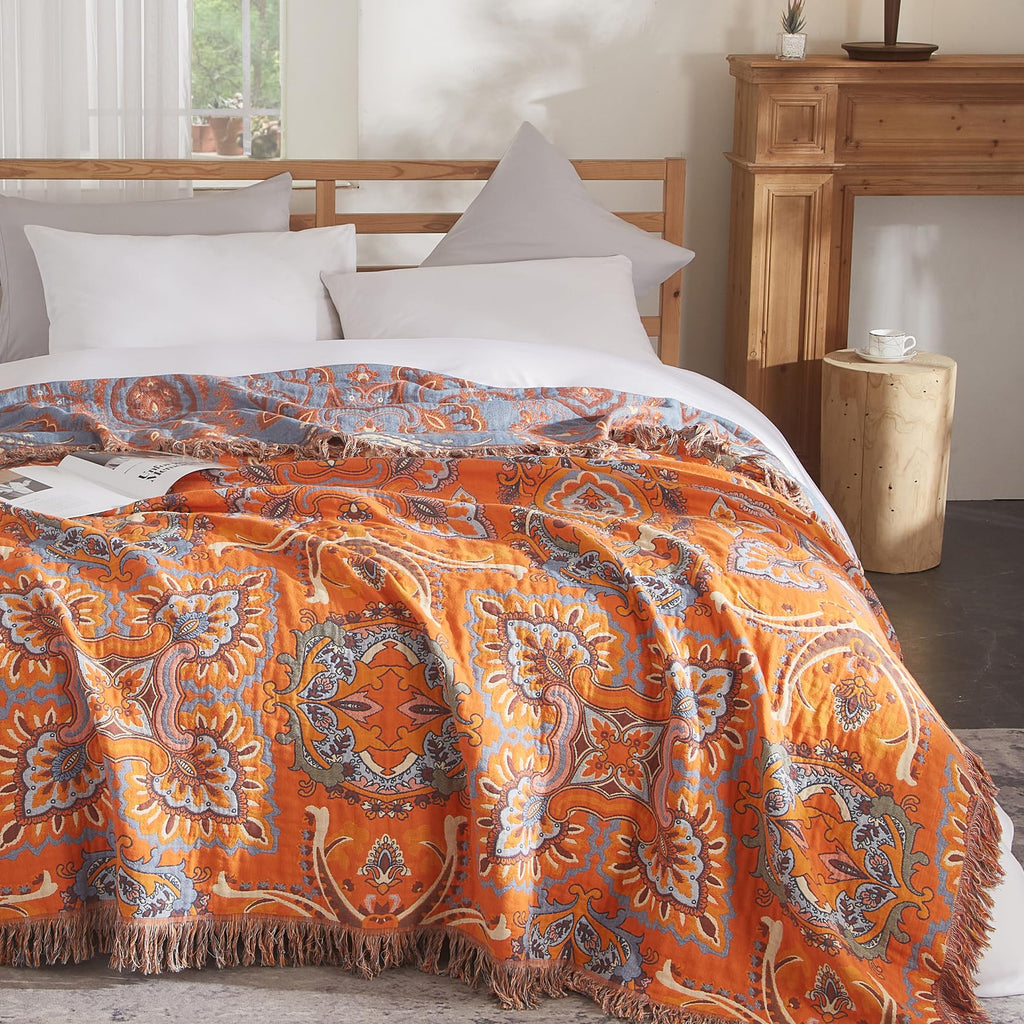 Boho Throw Blanket, 100% Cotton, Woven Floral Pattern, 60"x80"