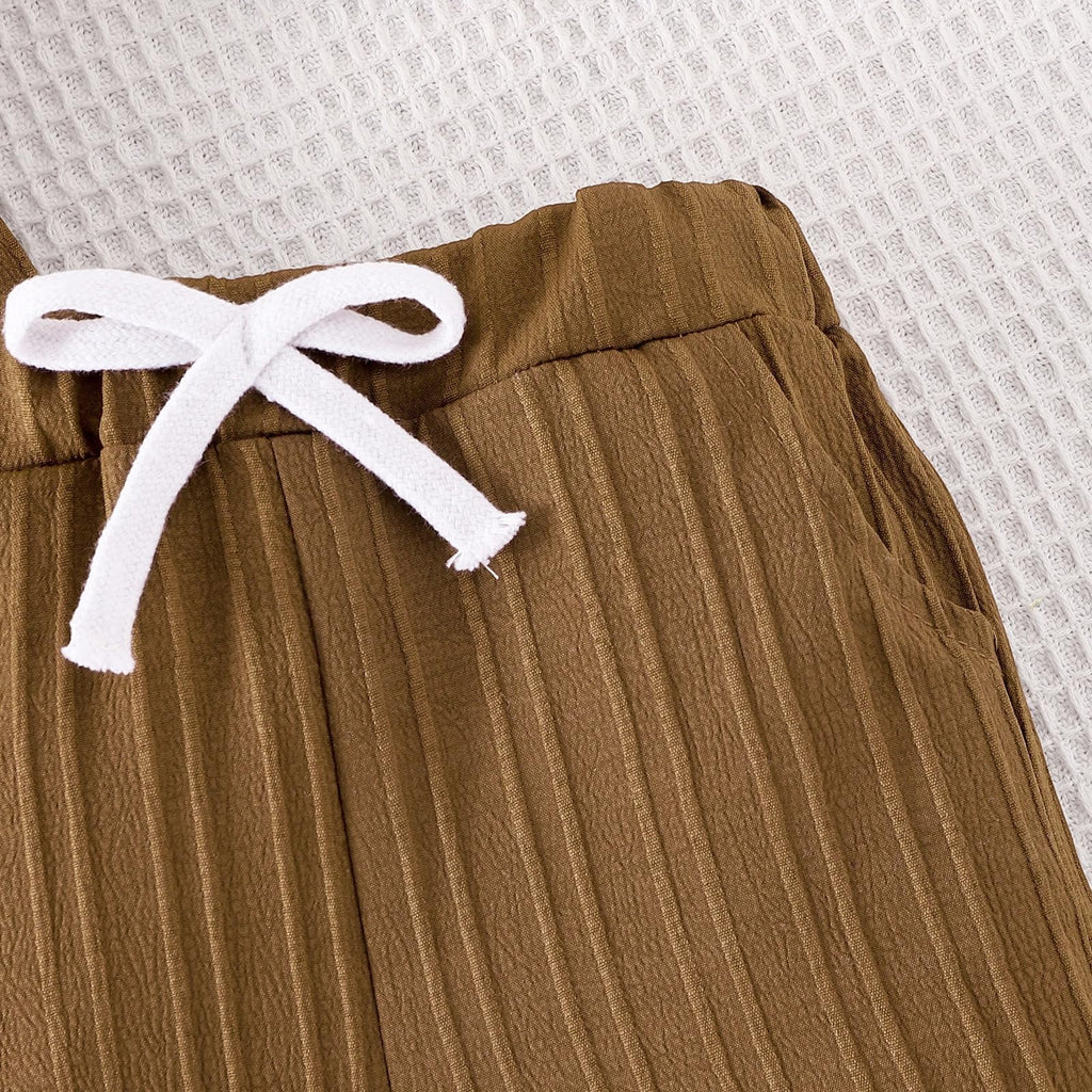 Toddler Boy Clothes Ribbed Button Shirt + Shorts 2pcs L-Brown