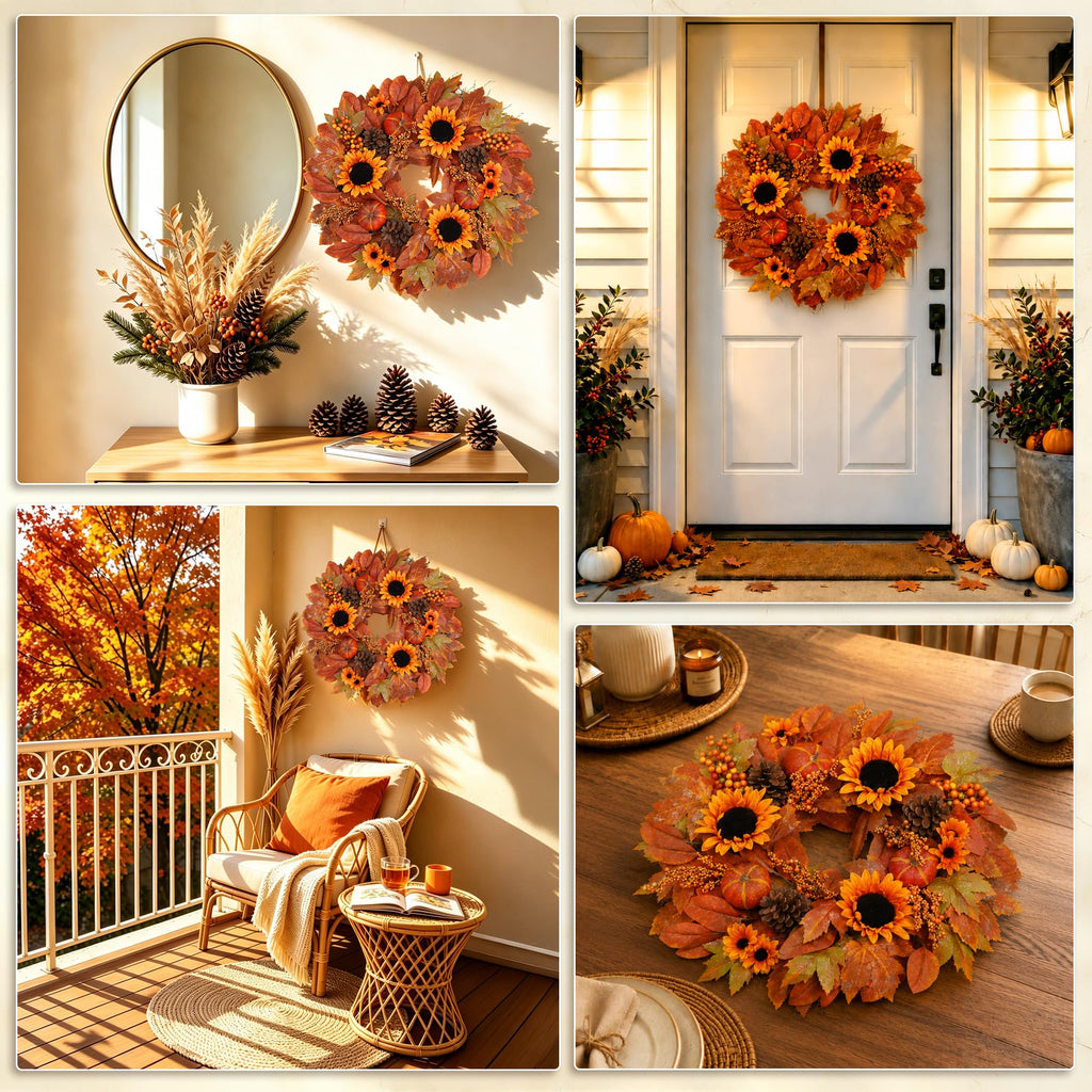 24" Fall Wreath for Front Door Outside Sunflower Autumn Wreath