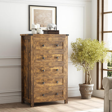 With 5 Drawers, Wood Dressers Chest of Drawers with Metal Handles, Modern Bedroom with Drawers for Closet Hallway