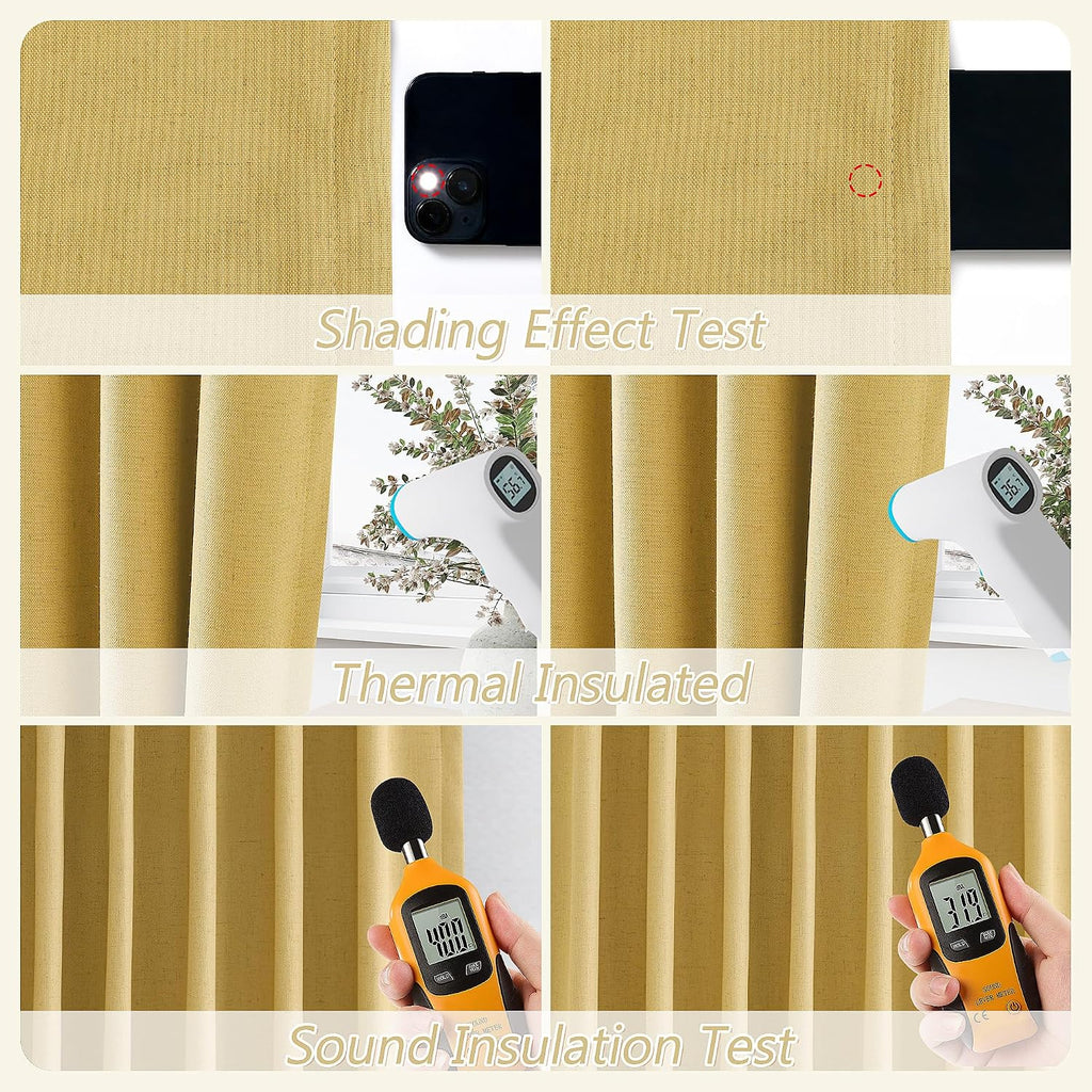 Gold 100% Blackout Linen Curtains 84 Inch Length 2 Panels Set for Living Room Bedroom Back Tab Thermal Insulated