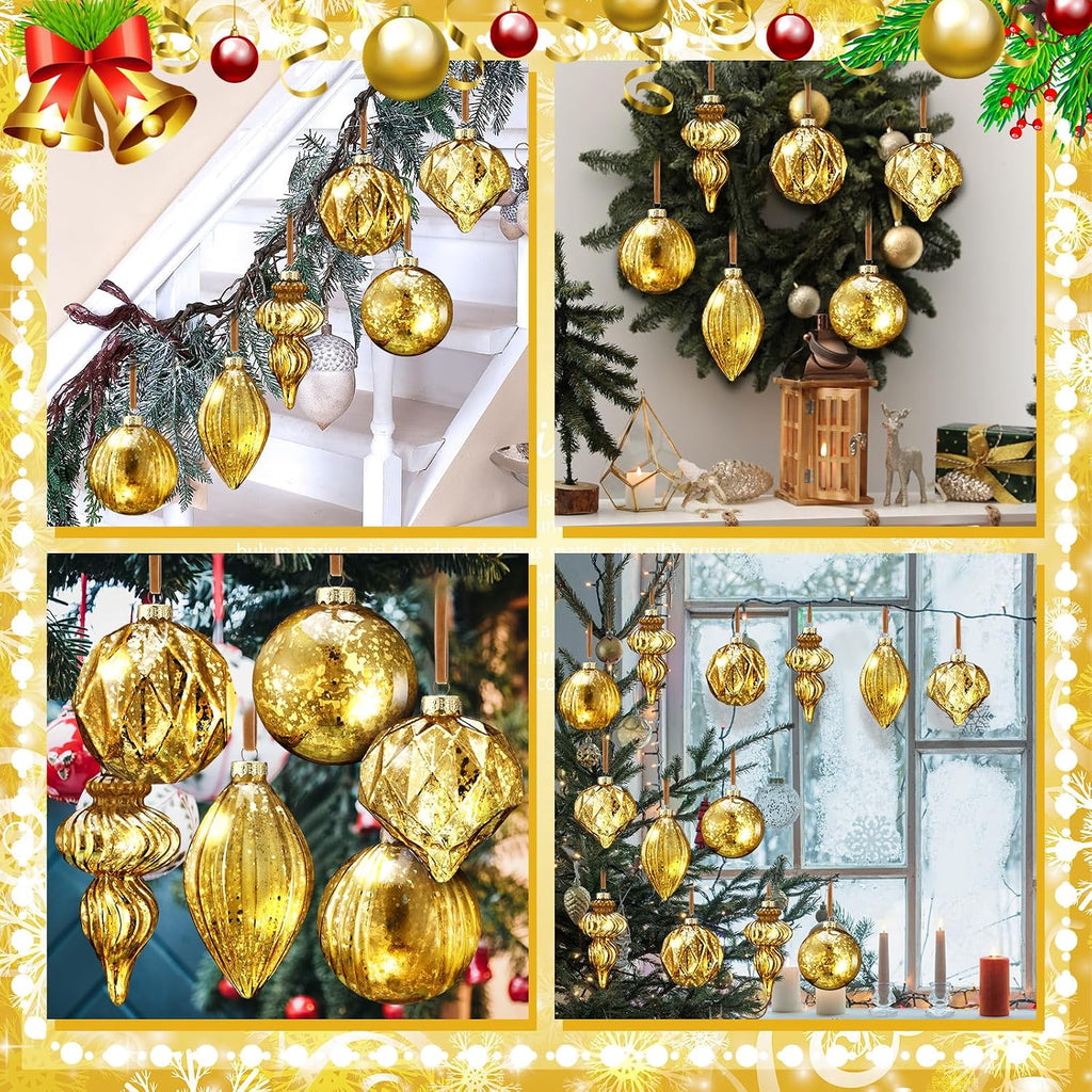 6 Pcs Gold Mercury Glass Christmas Ornaments Balls and Finials