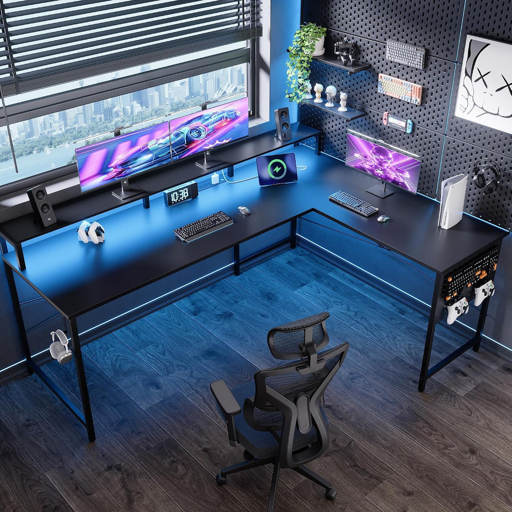 64 Inch L Shaped Gaming Desk with Monitor Stand and Power Outlets | Large Corner Computer Desk With Pegboard & Led