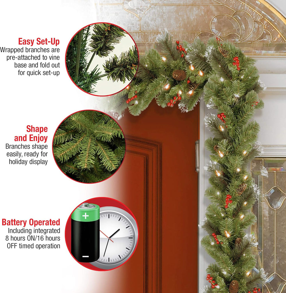 Tree Company 9ft Pre-Lit Crestwood Spruce Christmas Garland | 50 Warm White LED Lights, 180 Tips, Artificial