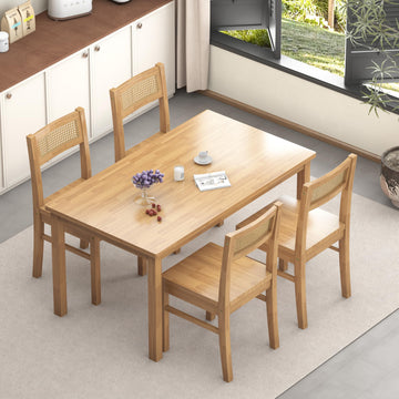 Solid Wood Dining Table Set for 4, 43.3" Dining Table with Chairs Set, Kitchen Dining Table Set with Woven Rattan